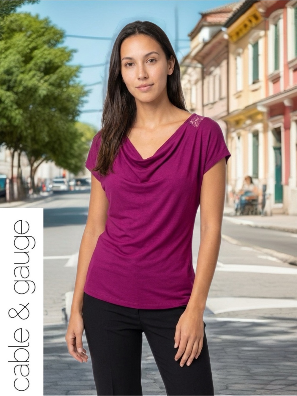 Cable & Gauge Short Sleeve Cowl Neck Tee in Magenta
